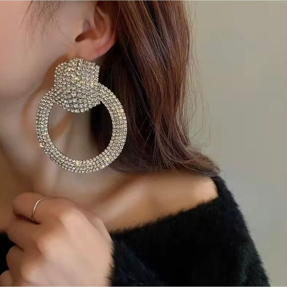 Big Bold Rhinestone Silver Hoop Earrings Circle Pave Crystal Statement Jewelry - Picture 4 of 5